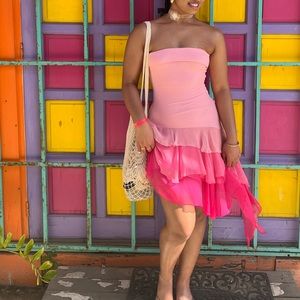 Vintage Ruffle Ombré Pink Asymmetrical Dress
